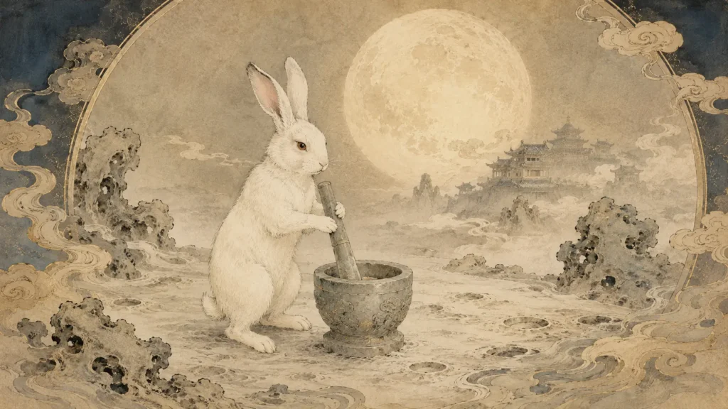 Jade Rabbit in Chinese mythology standing beneath the full moon in an ancient Chinese landscape