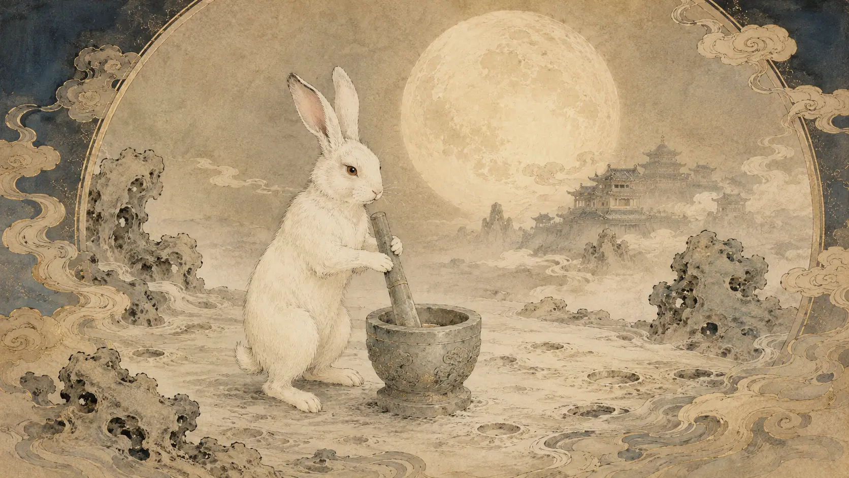 Jade Rabbit in Chinese mythology standing beneath the full moon in an ancient Chinese landscape