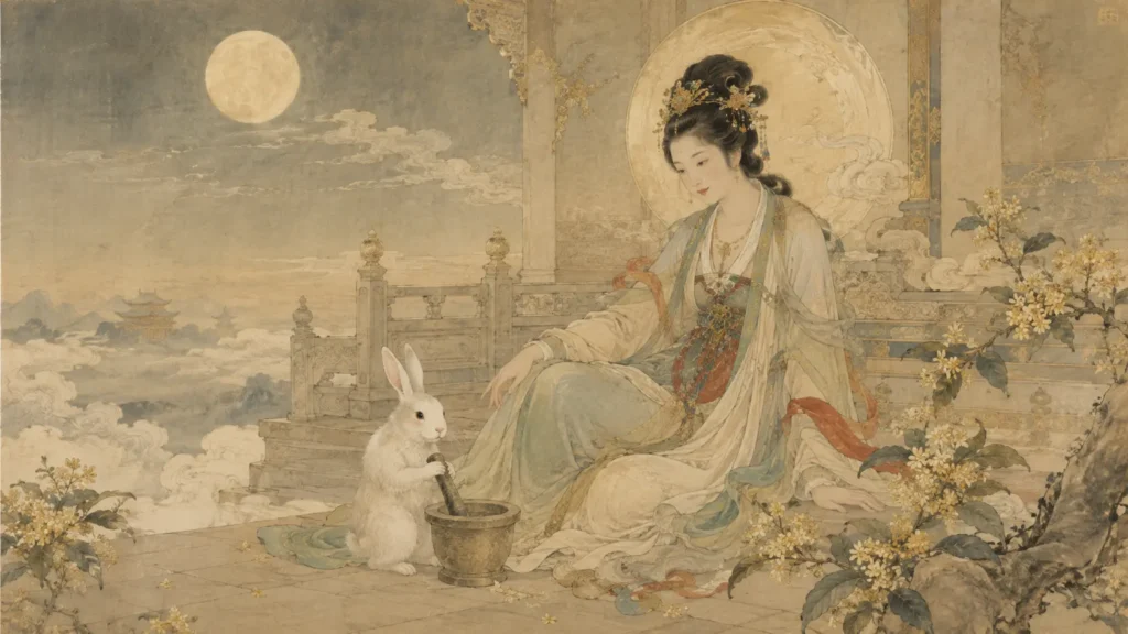 Jade Rabbit on a moonlit terrace in Chinese mythology near the celestial home of Chang’e