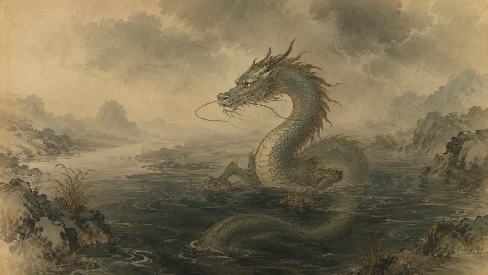 Jiaolong water dragon rising from a deep river in traditional Chinese mythology