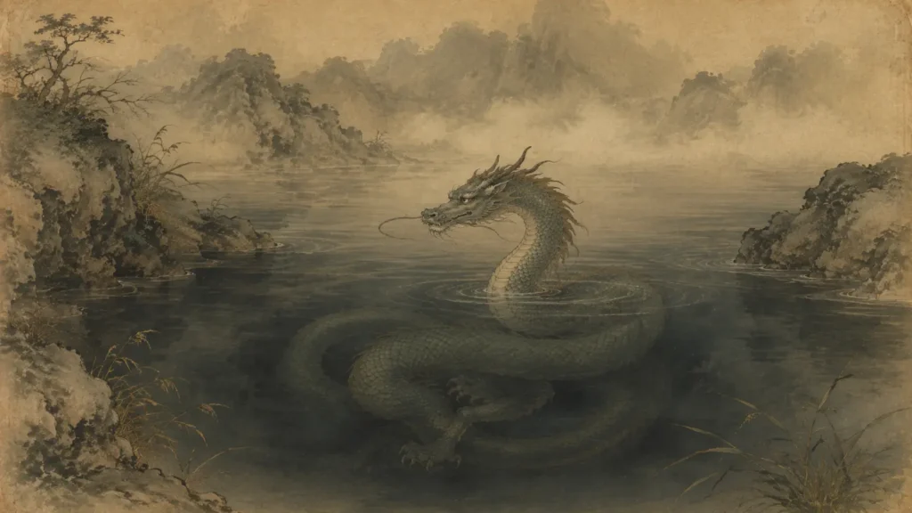 Jiaolong coiled beneath the surface of a deep mountain pool in Chinese mythology