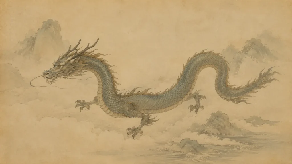 Traditional depiction of Jiaolong with a long scaled body and four legs in Chinese mythology