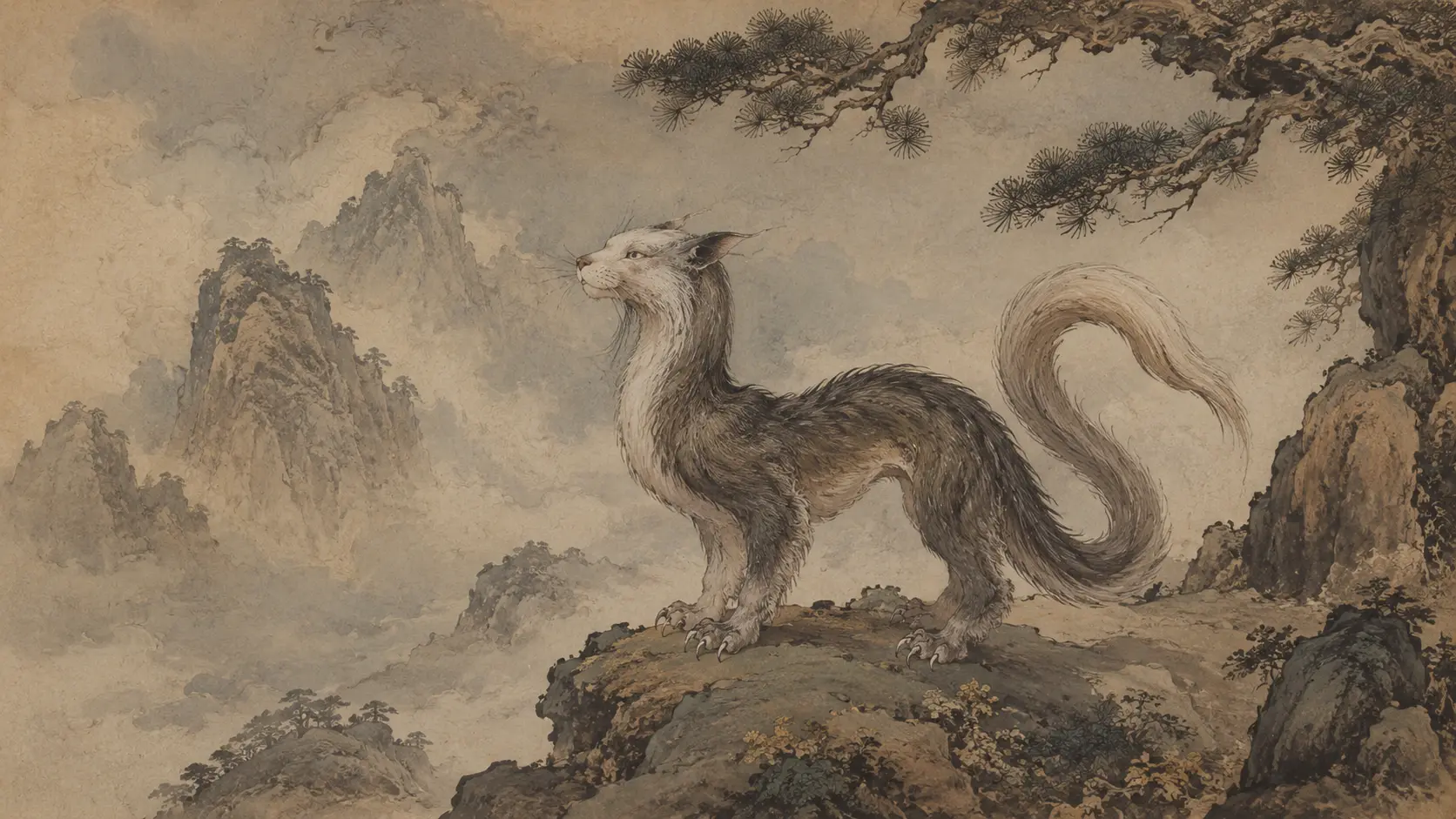Liangqu, the white-headed beast with tiger claws from Chinese mythology, standing on Lishi Mountain