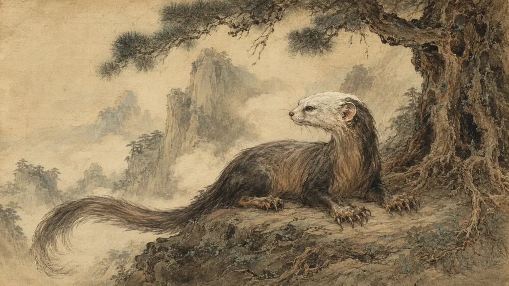Close view of Liangqu with its pale white head, long tail, and powerful tiger-like claws