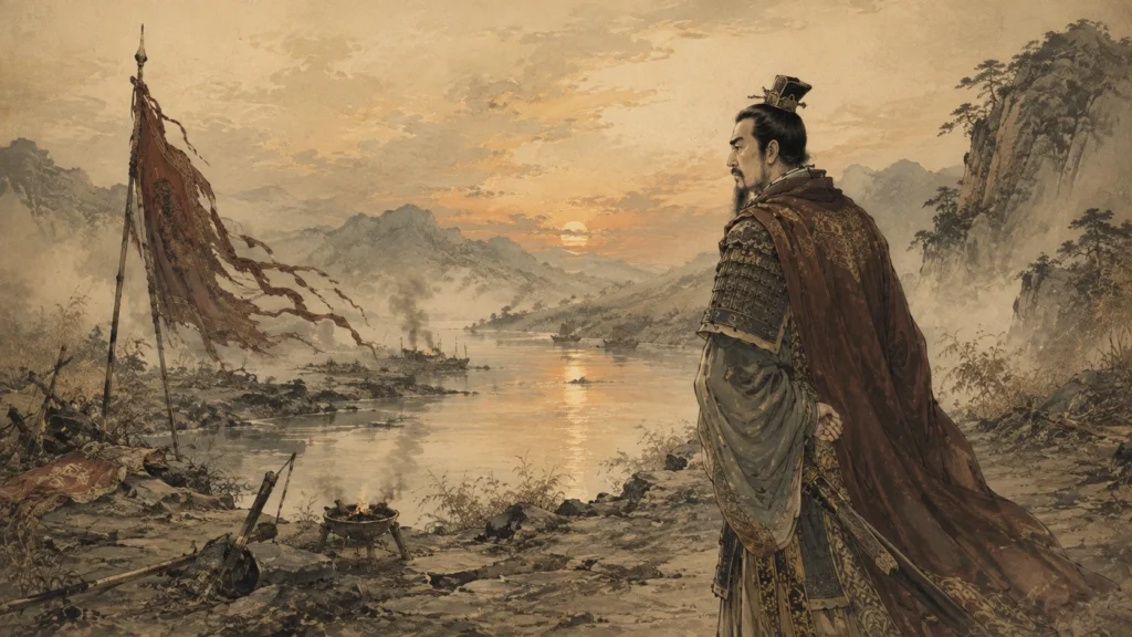 Liu Bei standing beside a river after the failed campaign against Eastern Wu