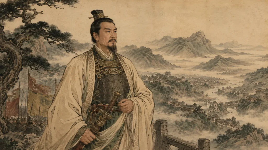 Liu Bei overlooking the mountains and settlements of Shu Han during the Three Kingdoms era