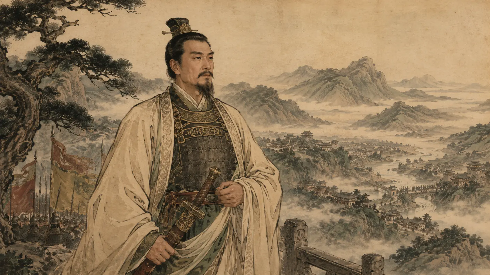 Liu Bei overlooking the mountains and settlements of Shu Han during the Three Kingdoms era