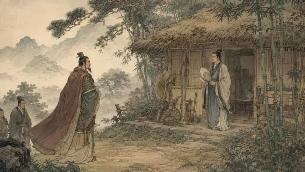 Liu Bei respectfully visiting Zhuge Liang at his secluded mountain cottage