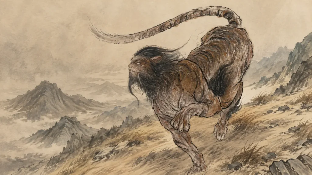 Mafu, the human-faced tiger beast from the Shan Hai Jing, standing on Mount Manqu