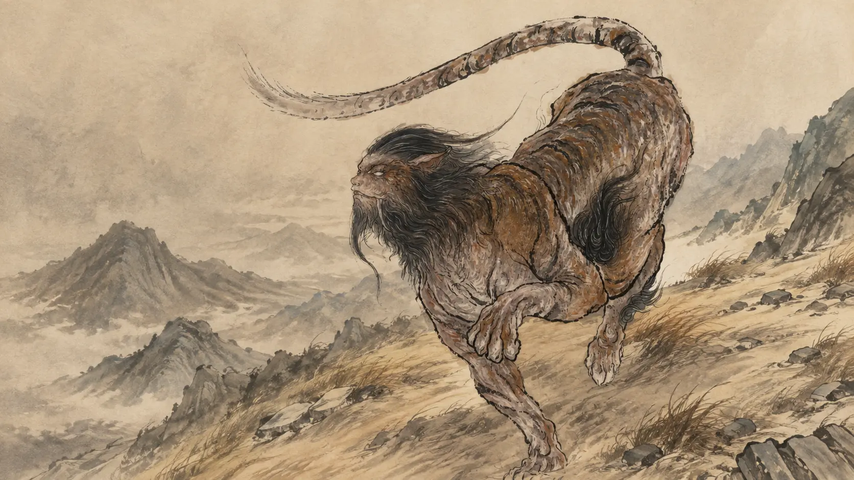 Mafu, the human-faced tiger beast from the Shan Hai Jing, standing on Mount Manqu