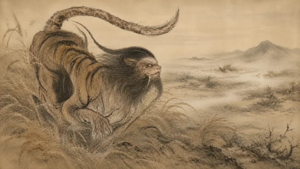 Mafu hiding in mountain grass, showing its human face and tiger-like body from the Shan Hai Jing
