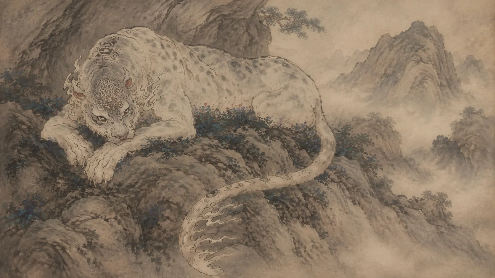 Mengji, the white leopard-like beast from the Shan Hai Jing, resting on a misty mountain slope