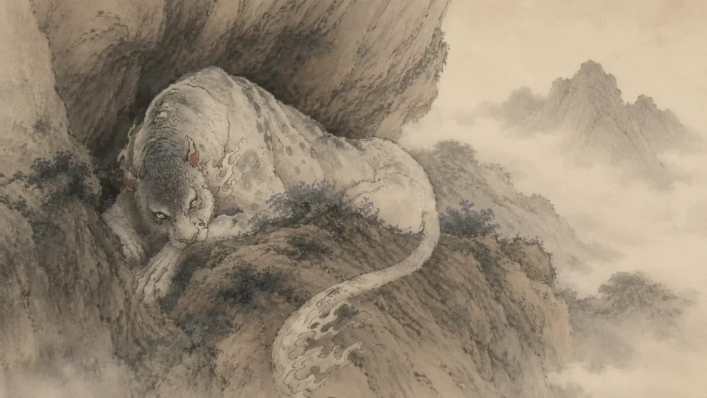 Mengji hiding among rocky cliffs with its white body and long tail blending into the mountain landscape