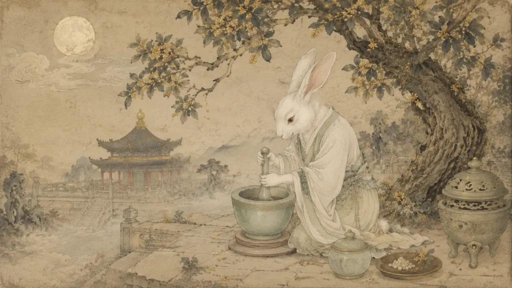 Moon Rabbit beneath a flowering tree in Chinese mythology with a calm moonlit atmosphere