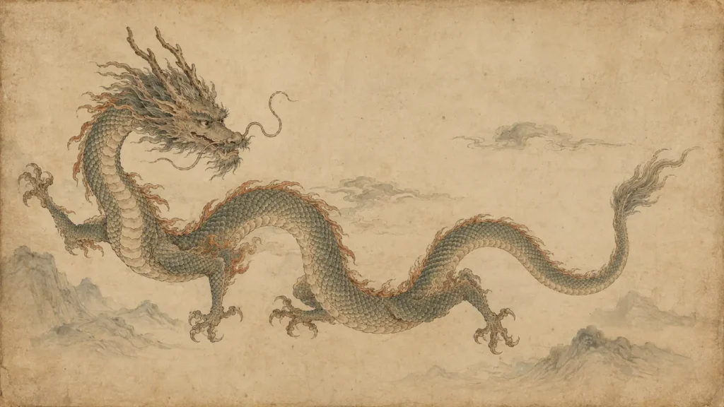 An antique-style Chinese mythological illustration of a traditional Chinese dragon (龙 / 龍, lóng) moving through clouds above a mountain river landscape. The dragon has a long serpentine body, scales, four clawed legs, branching horns, whiskers, and no wings, reflecting the traditional appearance of dragons in Chinese mythology.