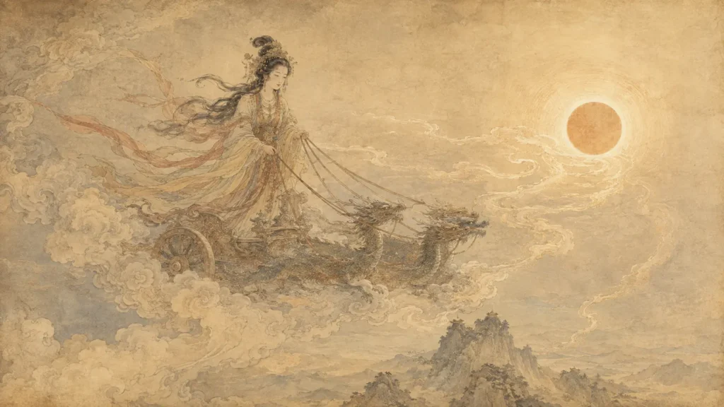 Xihe guiding a celestial chariot drawn by dragons toward the glowing sun above ancient Chinese mountains