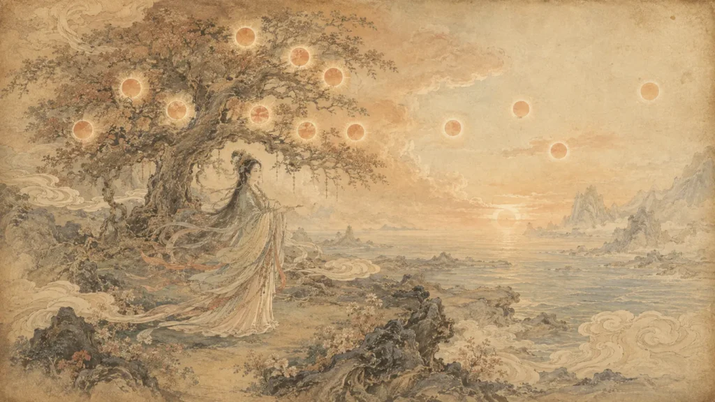 Xihe standing beside a sacred tree surrounded by ten suns in an ancient Chinese mythological landscape