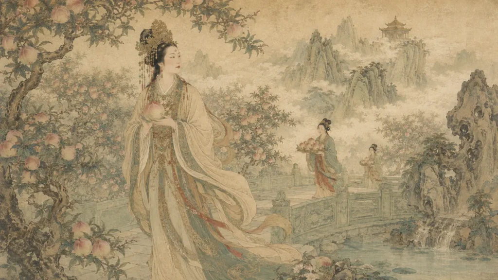 Xiwangmu holding a Peach of Immortality in a celestial peach garden on Kunlun Mountain