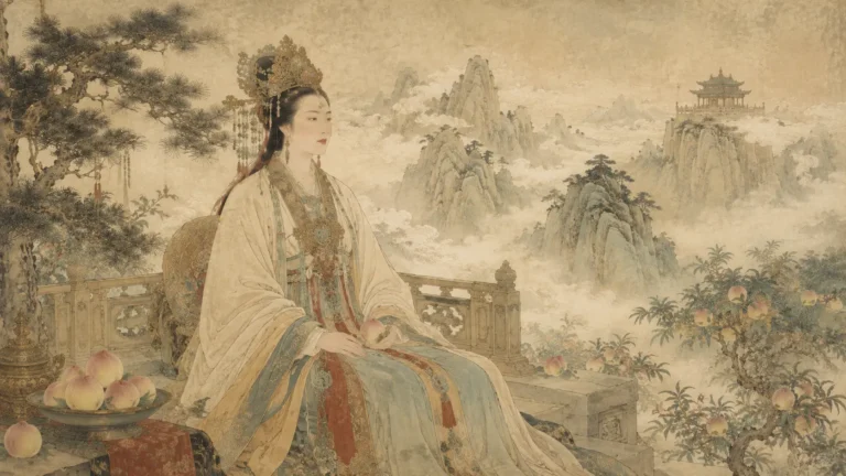 Xiwangmu, Queen Mother of the West, seated among the sacred mountains of Kunlun with peaches of immortality