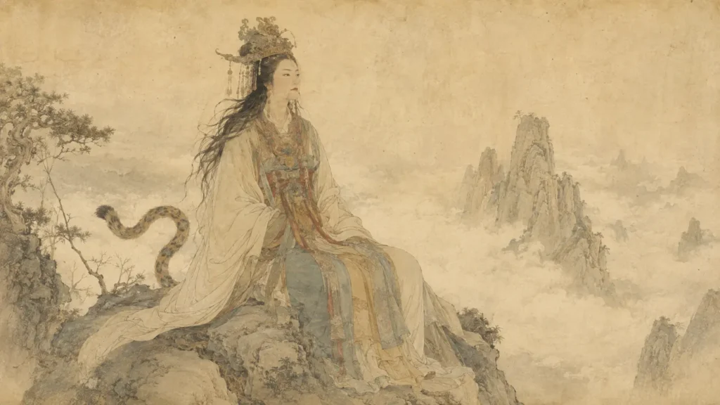 Early depiction of Xiwangmu with a human form and leopard tail in the mountains of the Shan Hai Jing