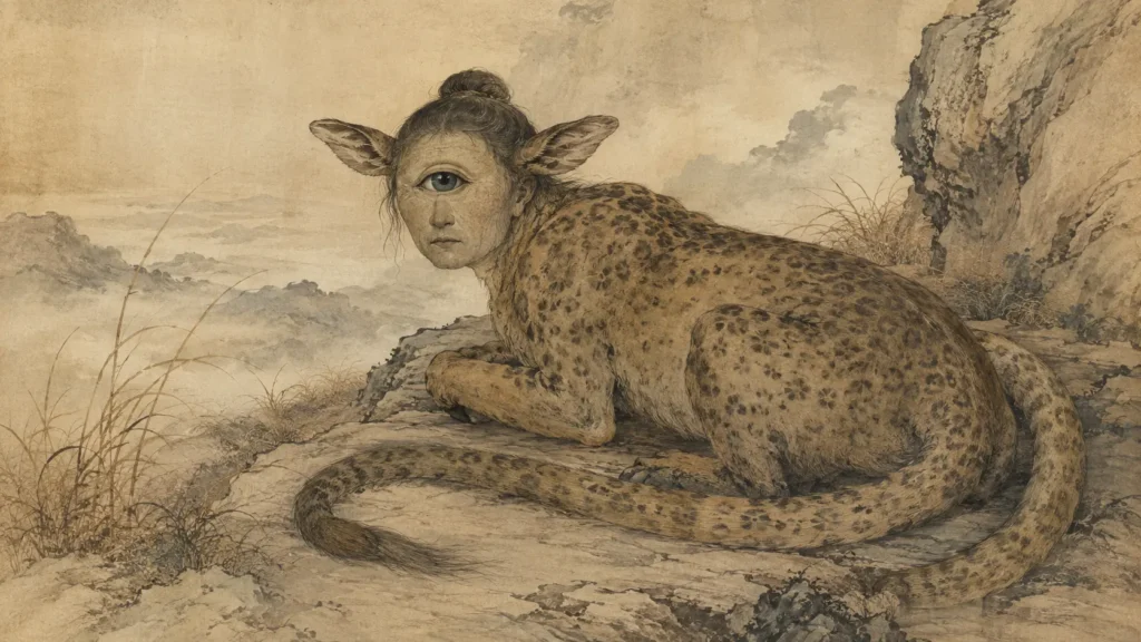 A traditional Chinese mythological illustration of Zhujian resting in the barren mountains described in the Shan Hai Jing. The creature has its distinctive human head, ox ears, single eye, and leopard-like body, while its unusually long tail is coiled around it as described in the ancient text.