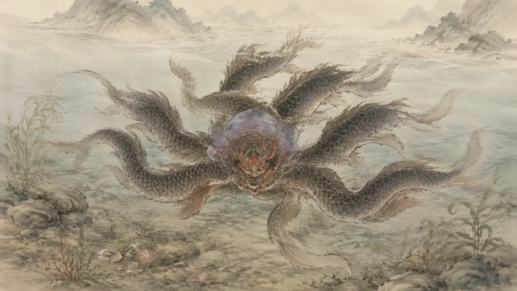 Ziyu, the mythical fish from the Shan Hai Jing with one head and ten fish bodies