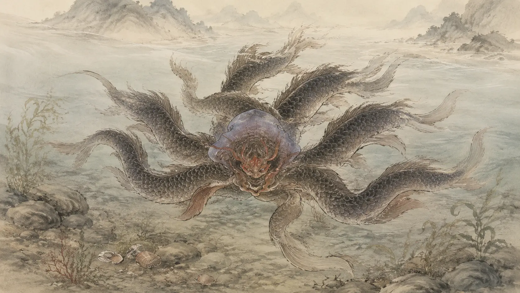 Ziyu, the mythical fish from the Shan Hai Jing with one head and ten fish bodies