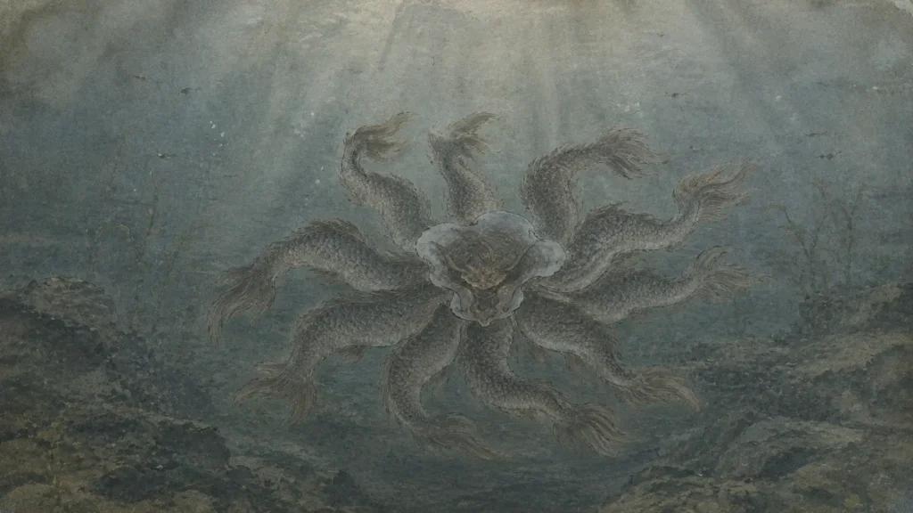 Ziyu swimming deep in the Ci River with one head and ten bodies in the Shan Hai Jing