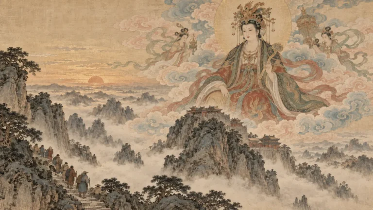 Bixia Yuanjun above Mount Tai at dawn as pilgrims approach her sacred mountain sanctuary
