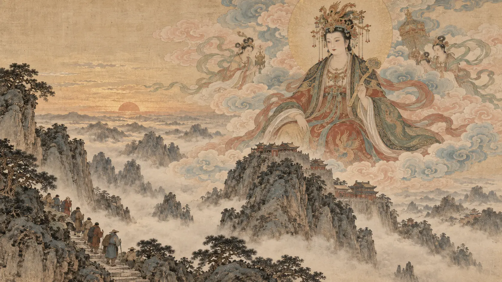 Bixia Yuanjun above Mount Tai at dawn as pilgrims approach her sacred mountain sanctuary