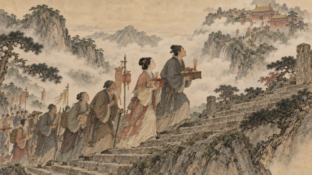Pilgrims climbing Mount Tai to pray to Bixia Yuanjun for children and family blessings