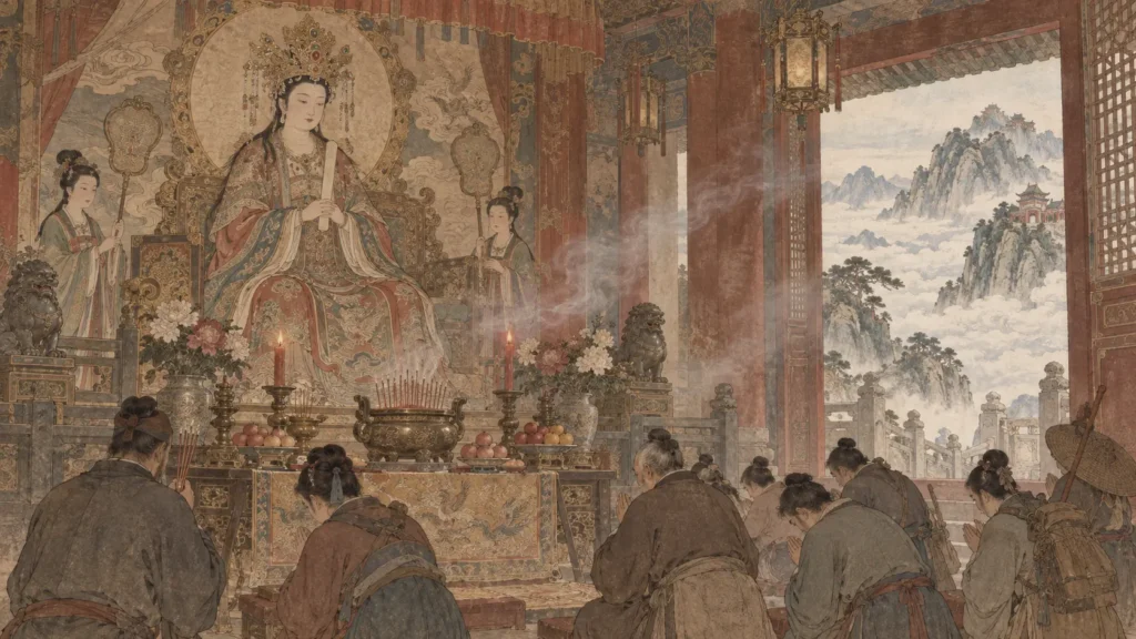Bixia Yuanjun seated inside her Mount Tai sanctuary as worshippers offer incense and prayers