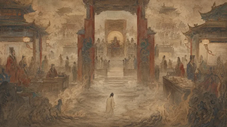 A soul entering Diyu, the Chinese underworld, before the ancient halls of judgment