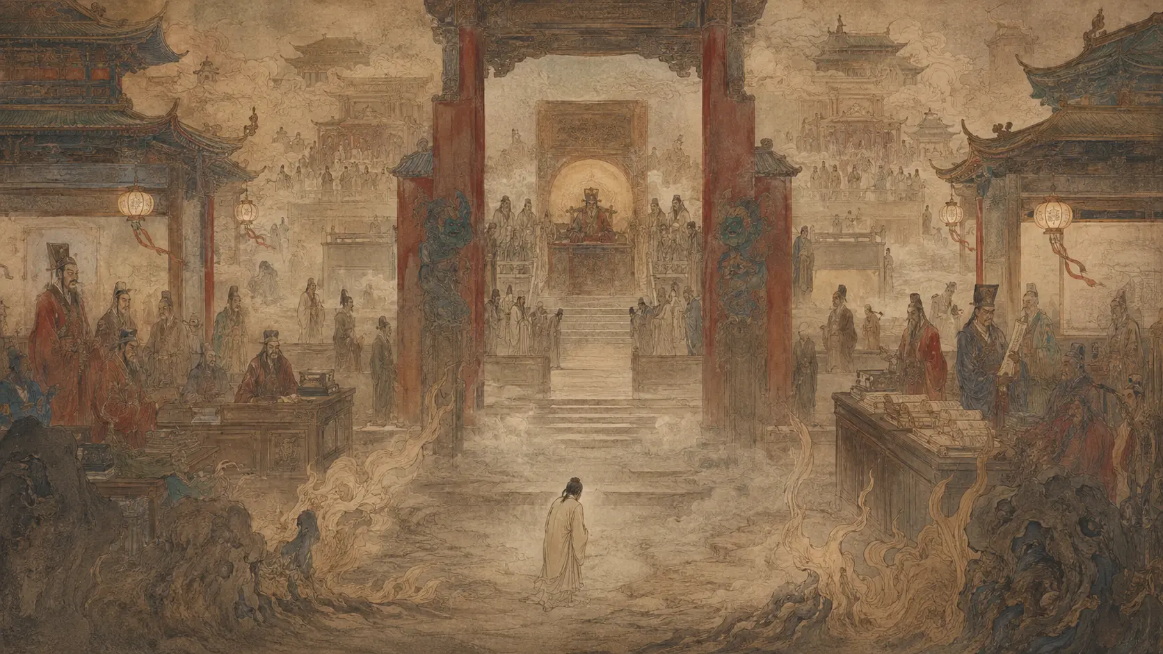 A soul entering Diyu, the Chinese underworld, before the ancient halls of judgment