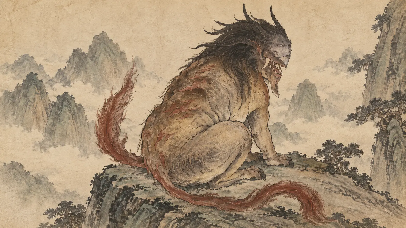 Heyu from the Shan Hai Jing with a human face pig-like body and red tail in the mountains