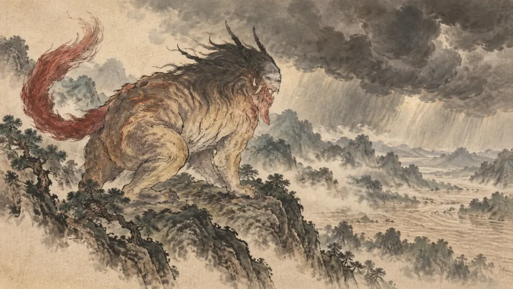 Heyu standing above a river valley as dark storms gather before the great flood it is said to foretell