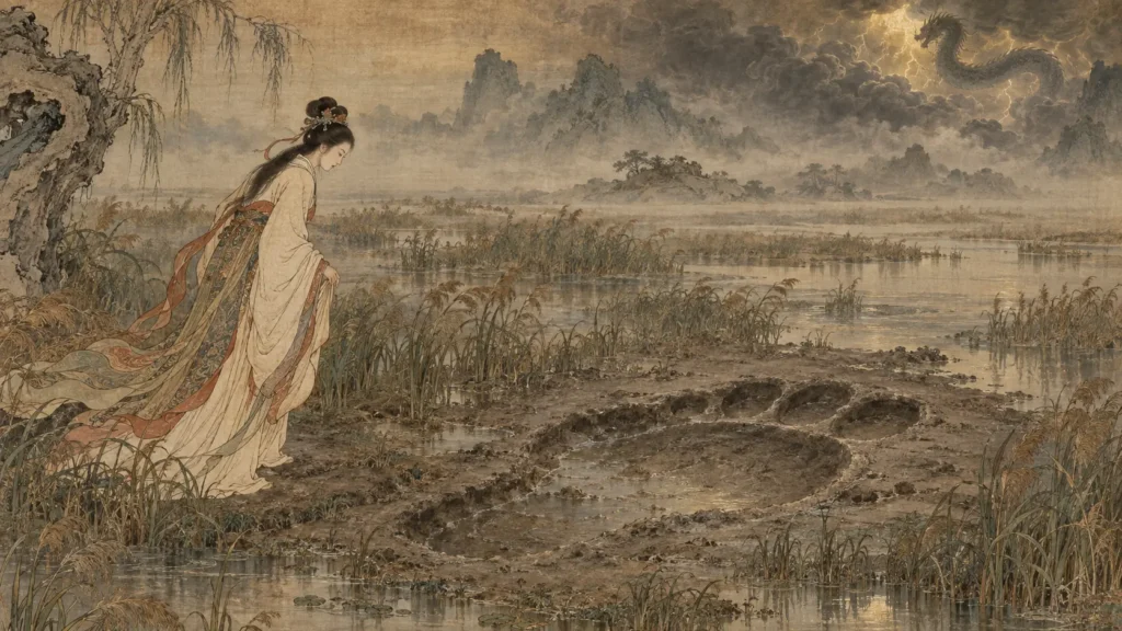 Huaxu discovering a giant mysterious footprint in the marsh of Leize linked to the later birth tradition of Fuxi