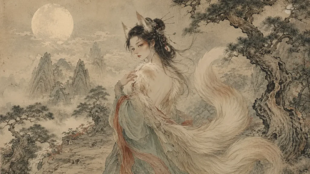 Huli Jing fox spirit in human form with fox features among misty Chinese mountains under the moon