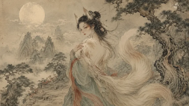 Huli Jing fox spirit in human form with fox features among misty Chinese mountains under the moon