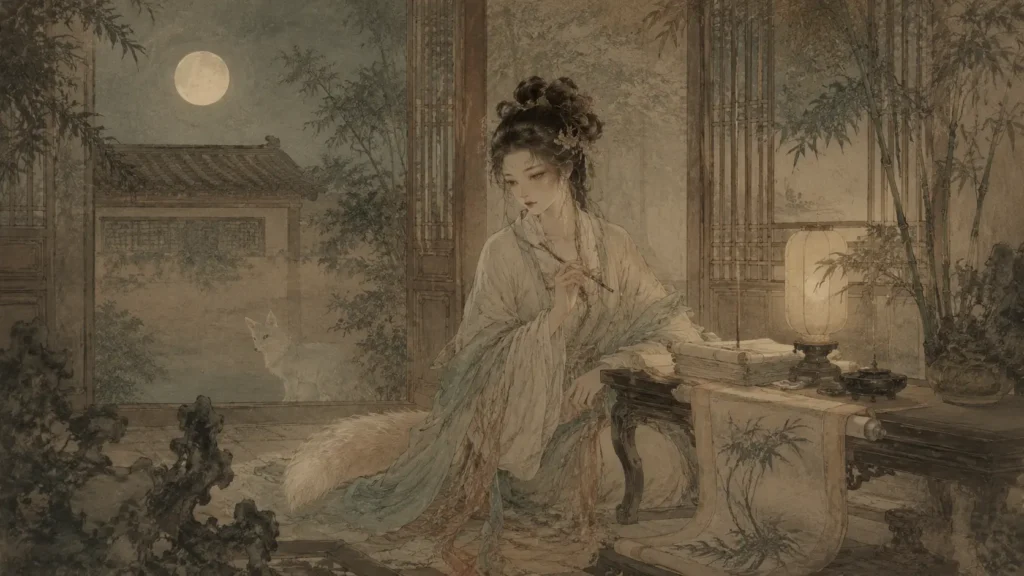 Huli Jing woman beside a fox in a traditional Chinese pavilion at night