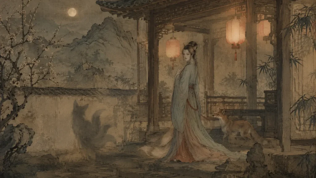 Ancient fox spirit transforming toward human form in a misty Chinese mountain landscape