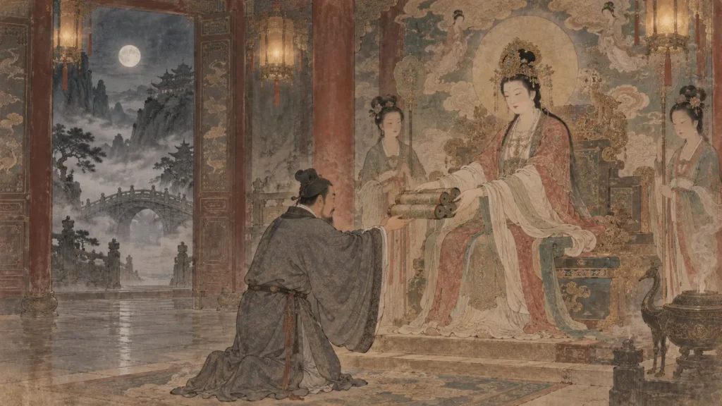 Jiutian Xuannü giving three heavenly books to Song Jiang in a moonlit celestial temple