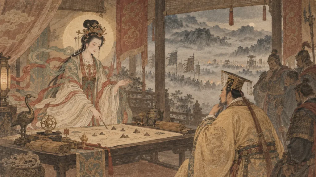 Jiutian Xuannü teaching sacred military strategy to the Yellow Emperor inside a mountain command pavilion