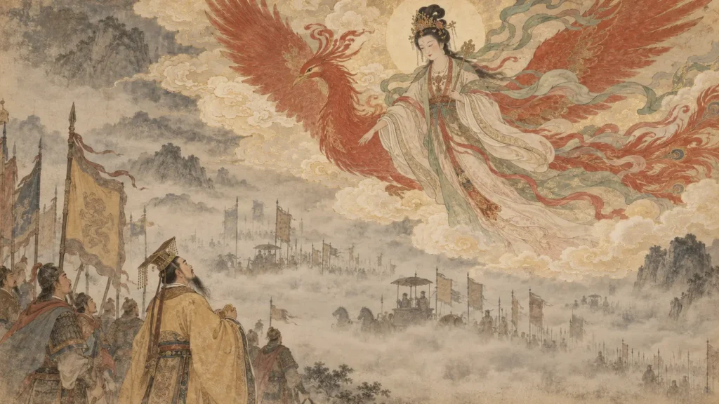 Jiutian Xuannü descending above the Yellow Emperor’s army during the legendary war against Chiyou