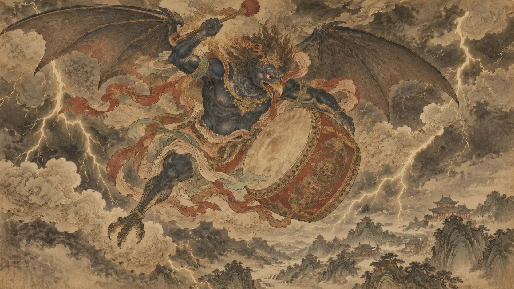 Lei Gong, the Chinese god of thunder, flying through storm clouds with his drum and mallet