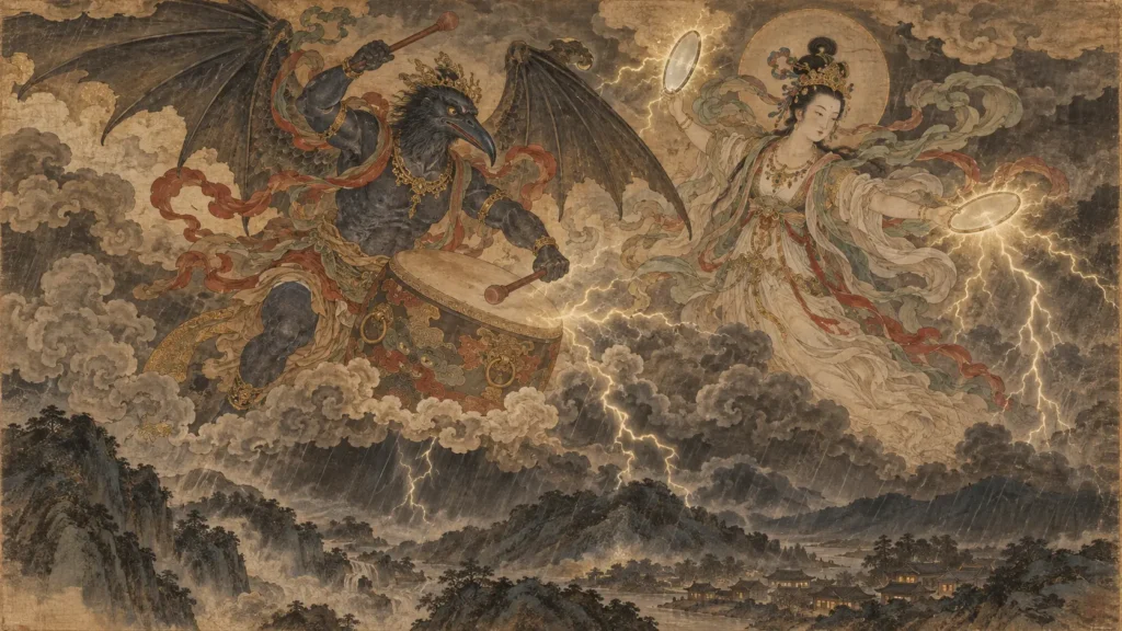 Lei Gong and Dianmu above a Chinese village representing thunder and lightning in Chinese mythology