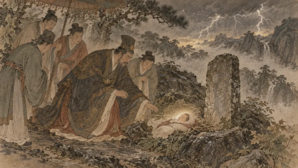 Ji Chang discovering the infant Lei Zhenzi in the mountains after a violent thunderstorm