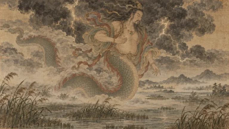 Leishen of Leize with a dragon body and human head creating thunder above the marshlands