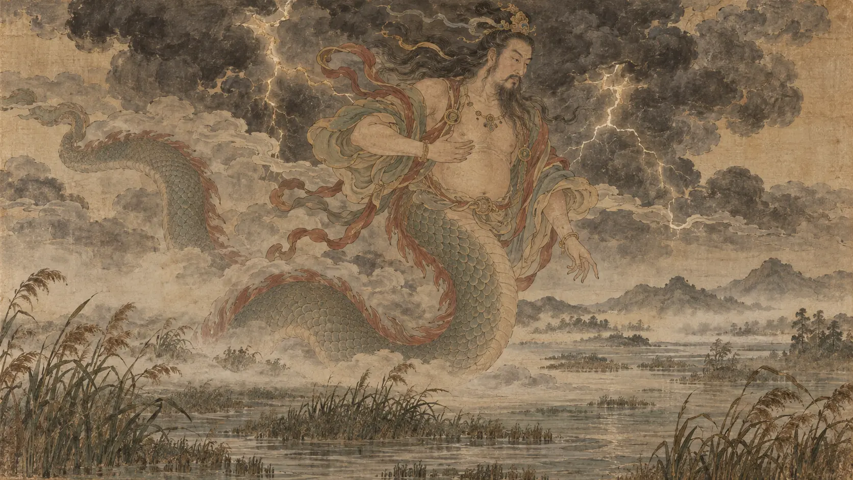 Leishen of Leize with a dragon body and human head creating thunder above the marshlands