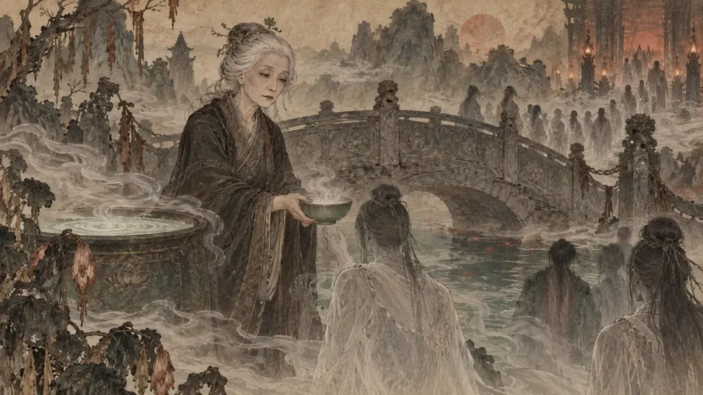 Meng Po offering a soul the Soup of Forgetfulness before reincarnation